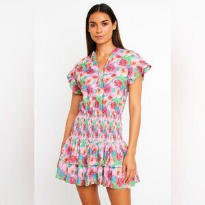 NWT 3rd + fourth Peony Print Smocked Mini Dress with Ruffle Sleeves size L